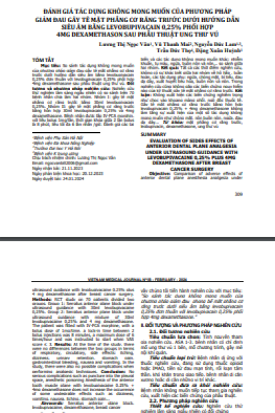 Đánh giá tác dụng không mong muốn của phương pháp giảm đau gây tê mặt phẳng cơ răng trước dưới hướng dẫn siêu âm bằng levobupivacain 0,25% phối hợp 4mg dexamethasone sau phẫu thuật ung thư vú