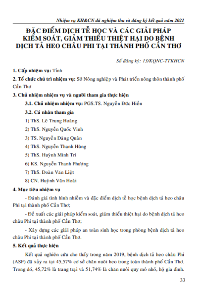 Đặc điểm dịch tễ học và các giải pháp kiểm soát, giảm thiểu thiệt hại do bệnh dịch tả heo châu Phi tại thành phố Cần Thơ