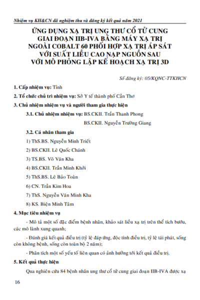 Ứng dụng xạ trị ung thư cổ tử cung giai đoạn IIB-IVA bằng máy xạ trị ngoài Cobalt 60 phối hợp xạ trị áp sát với suất liều cao nạp nguồn sau với...