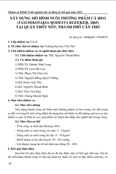 Xây dựng mô hình nuôi thương phẩm cá heo (Yasuhikotakia modesta Bleeker, 1865) tại quận Thốt Nốt, thành phố Cần Thơ