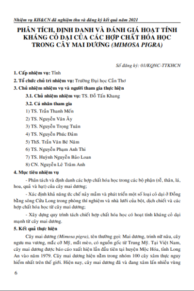 Phân tích, định danh và đánh giá hoạt tính kháng cỏ dại của các hợp chất hóa học trong cây mai dương (Mimosa pigra)