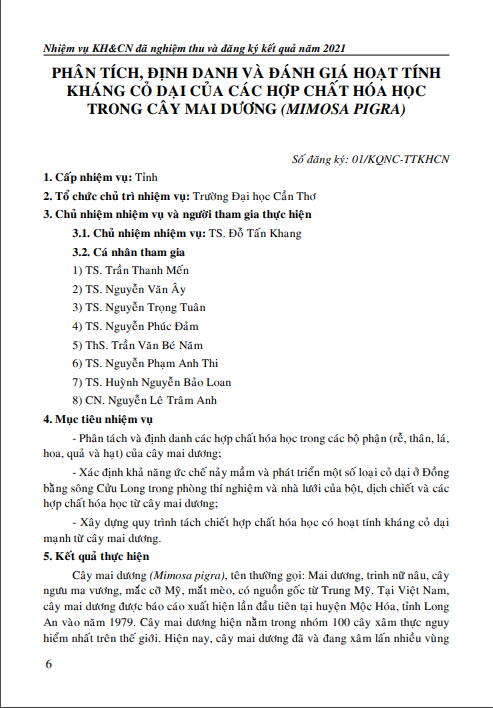 Phân tích, định danh và đánh giá hoạt tính kháng cỏ dại của các hợp chất hóa học trong cây mai dương (Mimosa pigra)