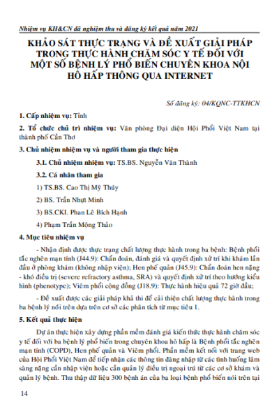 Khảo sát thực trạng và đề xuất giải pháp trong thực hành chăm sóc y tế đối với một số bệnh lý phổ biến chuyên khoa nội hô hấp thông qua internet