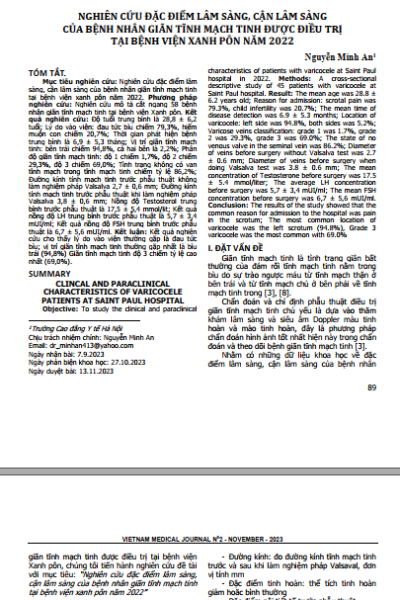 Nghiên cứu đặc điểm lâm sàng, cận lâm sàng của bệnh nhân giãn tĩnh mạch tinh được điều trị tại bệnh viện Xanh Pôn năm 2022