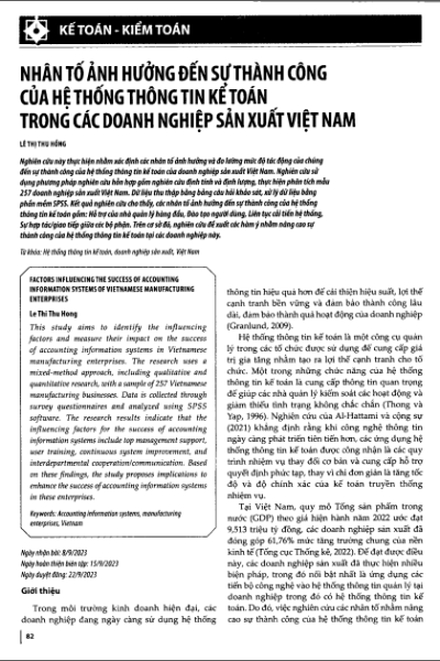 Nhân tố ảnh hưởng đến sự thành công của hệ thống thông tin kế toán trong các doanh nghiệp sản xuất Việt Nam