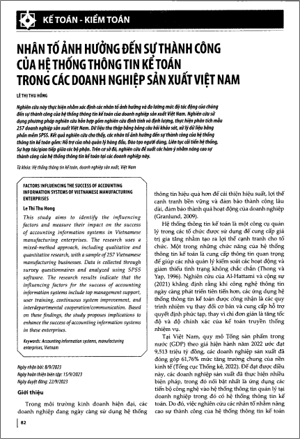 Nhân tố ảnh hưởng đến sự thành công của hệ thống thông tin kế toán trong các doanh nghiệp sản xuất Việt Nam