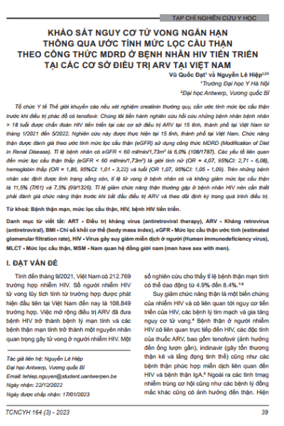 Khảo sát nguy cơ tử vong ngắn hạn thông qua ước tính mức lọc cầu thận theo công thức mdrd ở bệnh nhân HIV tiến triển tại các cơ sở điều trị ARV tại vi