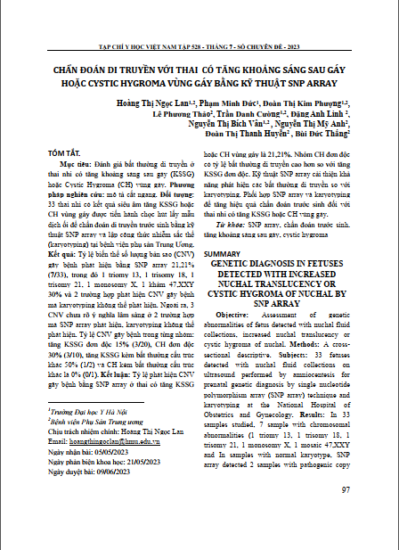 Chẩn đoán di truyền với thai có tăng khoảng sáng sau gáy hoặc CYSTIC HYGROMA vùng gáy bằng kỹ thuật SNP ARRAY