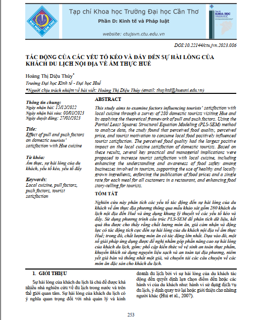 Tác động của các yếu tố kéo và đẩy đến sự hài lòng của khách du lịch nội địa về ẩm thực Huế