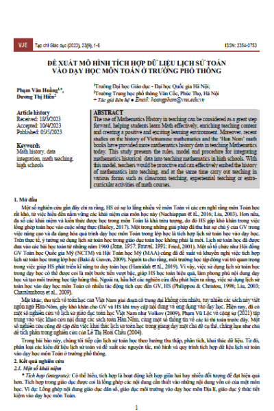 Đề xuất mô hình tích hợp dữ liệu lịch sử toán vào dạy học môn toán ở trường phổ thông