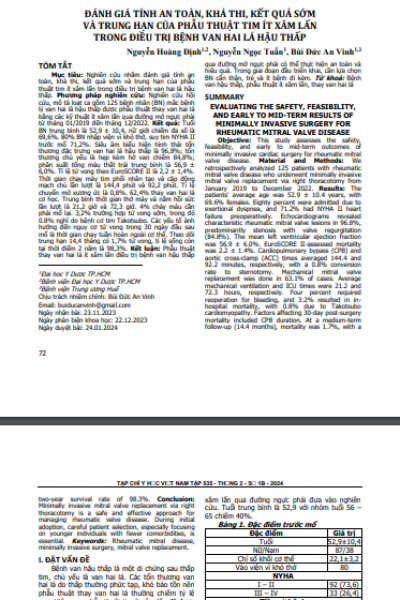 Đánh giá tính an toàn, khả thi, kết quả sớm và trung hạn của phẫu thuật tim ít xâm lấn trong điều trị bệnh van hai lá hậu thấp