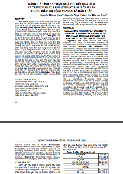 Đánh giá tính an toàn, khả thi, kết quả sớm và trung hạn của phẫu thuật tim ít xâm lấn trong điều trị bệnh van hai lá hậu thấp