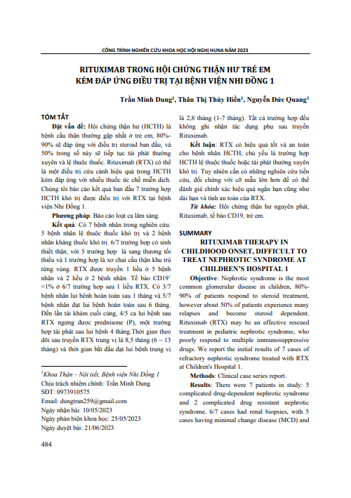 Rituximab trong hội chứng thận hư trẻ em kém đáp ứng điều trị tại Bệnh viện Nhi Đồng 1