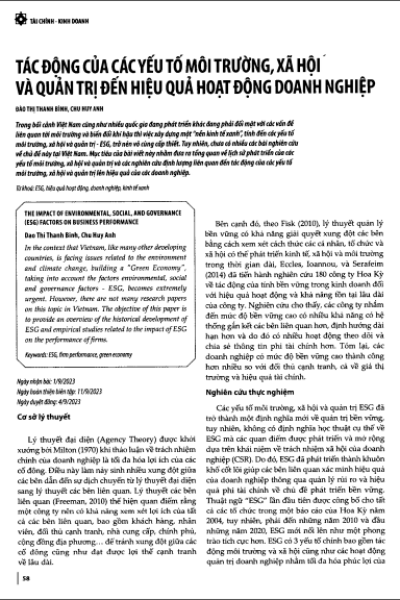 Tác động của các yếu tố môi trường, xã hội và quản trị đến hiệu quả hoạt động doanh nghiệp