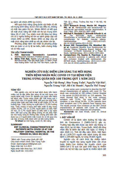 Nghiên cứu đặc điểm lâm sàng tai mũi họng trên bệnh nhân mắc Covid 19 tại Bệnh viện Trung ương Quân đội 108 trong quý 1 năm 2022