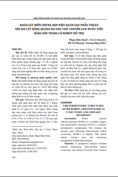 Khảo sát biến chứng hẹp niệu quản sau phẫu thuật nội soi cắt bàng quang do ung thư chuyển lưu nước tiểu bằng hồi tràng có robot hỗ trợ