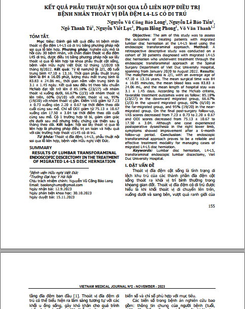 Kết quả phẫu thuật nội soi qua lỗ liên hợp điều trị bệnh nhân thoát vị đĩa đệm l4-l5 có di trú