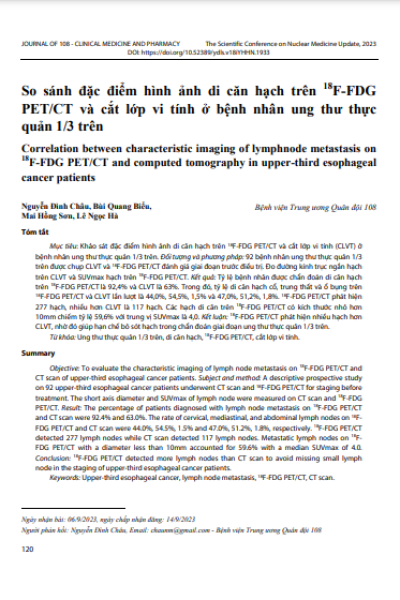 So sánh đặc điểm hình ảnh di căn hạch trên 18F-FDG PET/CT và cắt lớp vi tính ở bệnh nhân ung thư thực quản 1/3 trên