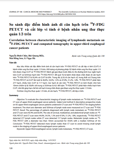 So sánh đặc điểm hình ảnh di căn hạch trên 18F-FDG PET/CT và cắt lớp vi tính ở bệnh nhân ung thư thực quản 1/3 trên