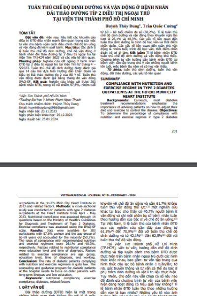 Tuân thủ chế độ dinh dưỡng và vận động ở bệnh nhân đái tháo đường típ 2 điều trị ngoại trú tại Viện Tim thành phố Hồ Chí Minh