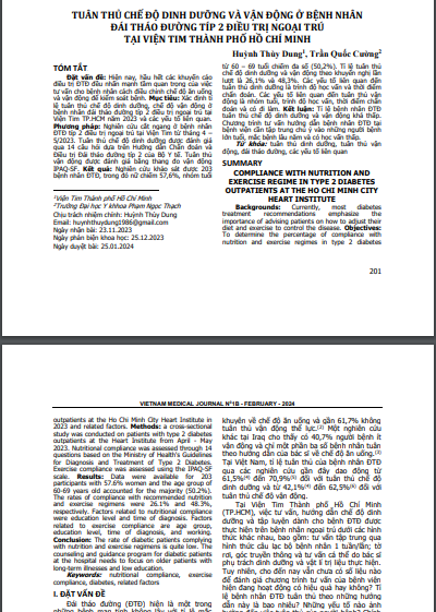 Tuân thủ chế độ dinh dưỡng và vận động ở bệnh nhân đái tháo đường típ 2 điều trị ngoại trú tại Viện Tim thành phố Hồ Chí Minh