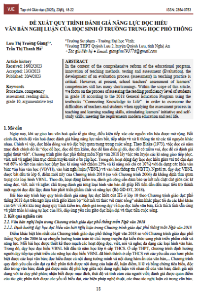 Đề xuất quy trình đánh giá năng lực đọc hiểu văn bản nghị luận của học sinh ở trường trung học phổ thông