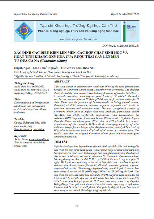 Xác định các điều kiện lên men, các hợp chất sinh học và hoạt tính kháng oxy hóa của rượu trái cây lên men từ quả cà na (Canarium album)