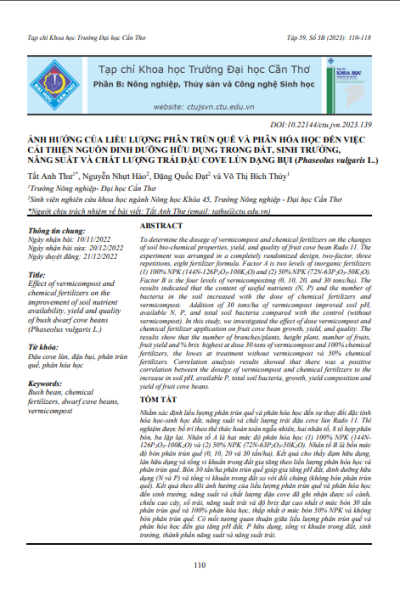 Ảnh hưởng của liều lượng phân trùn quế và phân hóa học đến việc cải thiện nguồn dinh dưỡng hữu dụng trong đất