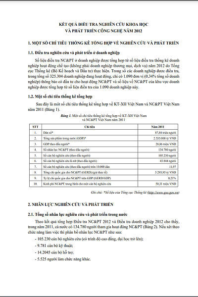 Kết quả cuộc điều tra Nghiên cứu khoa học và phát triển công nghệ năm 2012