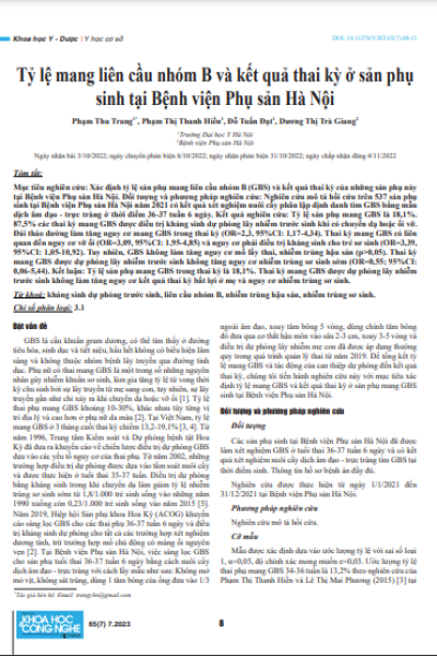 Tỷ lệ mang liên cầu nhóm B và kết quả thai kỳ ở sản phụ sinh tại Bệnh viện Phụ sản Hà Nội