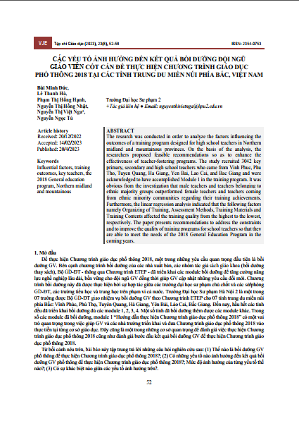 Các yếu tố ảnh hưởng đến kết quả bồi dưỡng đội ngũ giáo viên cốt cán để thực hiện chương trình giáo dục phổ thông 2018 tại các tỉnh trung du miền núi phía bắc, Việt Nam