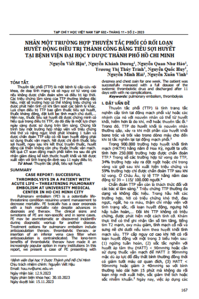 Điều trị thành công bằng tiêu sợi huyết tại bệnh viện đại học Y Dược TP. Hồ Chí Minh