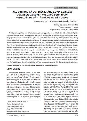 Xác định MIC và đột biến kháng levofloxacin của Helicobacter pylori ở bệnh nhân viêm loét dạ dày tá tràng tại Tiền Giang
