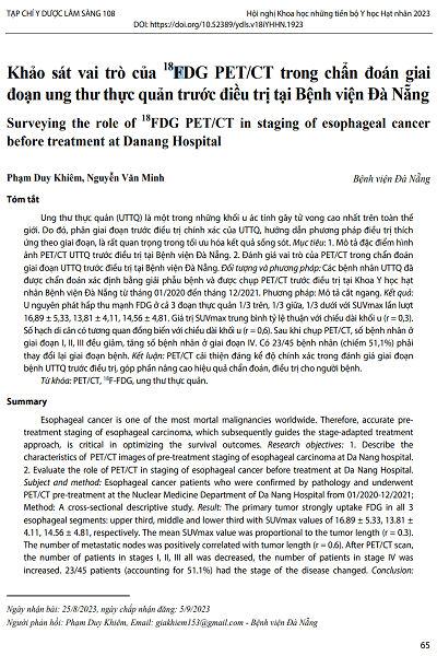 Khảo sát vai trò của 18FDG PET/CT trong chẩn đoán giai đoạn ung thư thực quản trước điều trị tại Bệnh viện Đà Nẵng