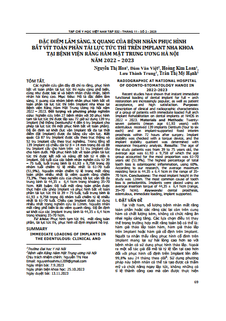 Đặc điểm lâm sàng, x quang của bệnh nhân phục hình bắt vít toàn phần tải lực tức thì trên implant nha khoa tại Bệnh viện Răng Hàm Mặt Trung Ương Hà Nội
