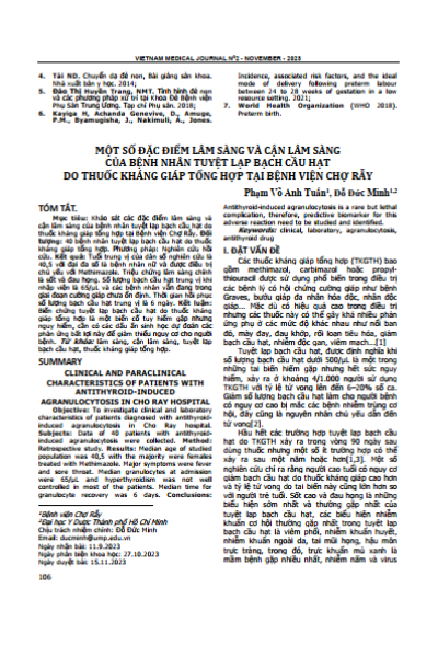 Một số đặc điểm lâm sàng và cận lâm sàng của bệnh nhân tuyệt lạp bạch cầu hạt do thuốc kháng giáp tổng hợp tại bệnh viện Chợ Rẫy