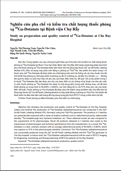 Nghiên cứu pha chế và kiểm tra chất lượng thuốc phóng xạ 68Ga-Dotatate tại Bệnh viện Chợ Rẫy