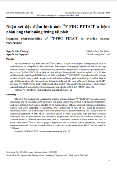 Nhận xét đặc điểm hình ảnh 18F-FDG PET/CT ở bệnh nhân ung thư buồng trứng tái phát