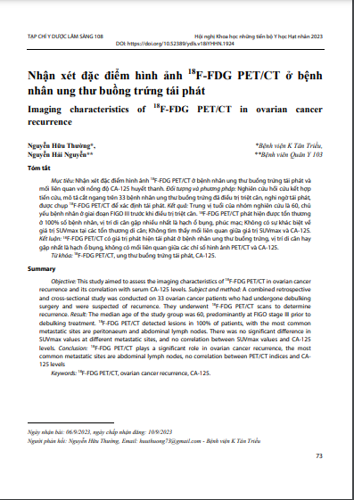 Nhận xét đặc điểm hình ảnh 18F-FDG PET/CT ở bệnh nhân ung thư buồng trứng tái phát