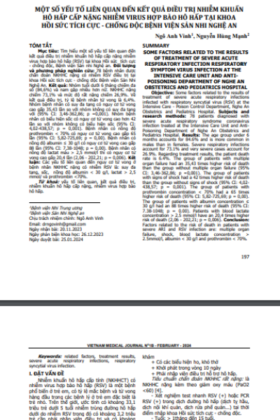 Một số yếu tố liên quan đến kết quả điều trị nhiễm khuẩn hô hấp cấp nặng nhiễm virus hợp bào hô hấp tại khoa Hồi sức Tích cực - Chống độc Bệnh viện Sản Nhi Nghệ An