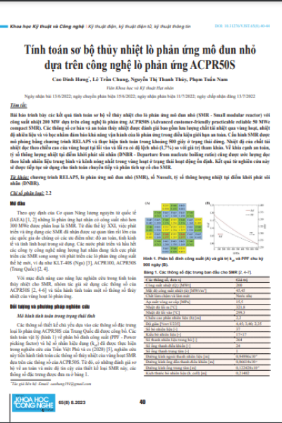 Tính toán sơ bộ thủy nhiệt lò phản ứng mô đun nhỏ dựa trên công nghệ lò phản ứng ACPR50S