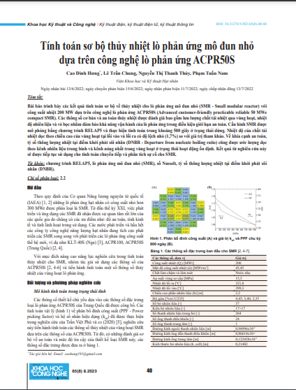 Tính toán sơ bộ thủy nhiệt lò phản ứng mô đun nhỏ dựa trên công nghệ lò phản ứng ACPR50S