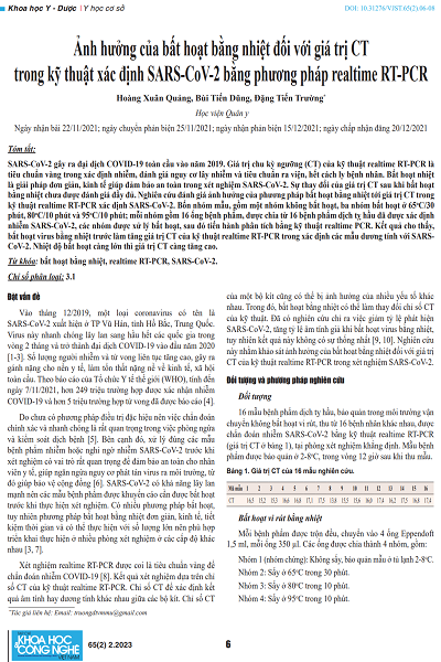 Ảnh hưởng của bất hoạt bằng nhiệt đối với giá trị CT trong kỹ thuật xác định SARS-CoV-2 bằng phương pháp realtime RT-PCR