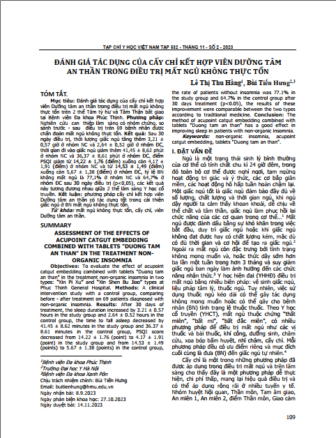 Đánh giá tác dụng của cấy chỉ kết hợp viên dưỡng tâm an thần trong điều trị mất ngủ không thực tổn