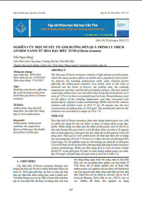 Nghiên cứu một số yếu tố ảnh hưởng đến quá trình ly trích Anthocyanin từ hoa đậu biếc tươi (Clitoria ternatea)