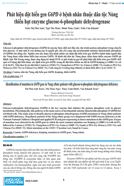 Phát hiện đột biến gen G6PD ở bệnh nhân thuộc dân tộc Nùng thiếu hụt enzyme glucose-6-phosphate dehydrogenase