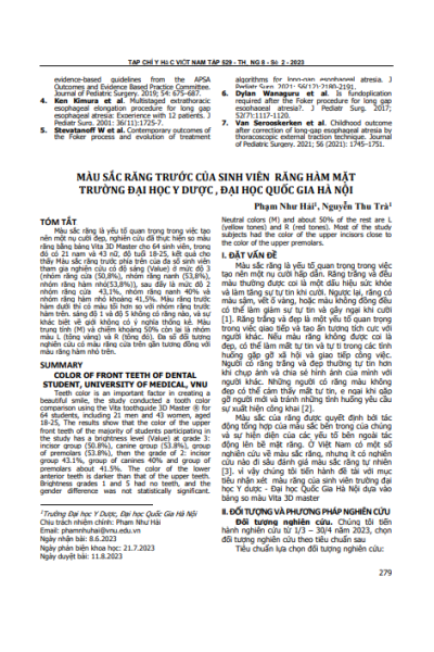 Màu sắc răng trước của sinh viên răng hàm mặt trường Đại học Y dược, Đại học Quốc gia Hà Nội