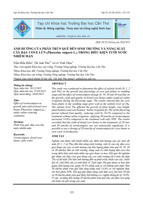 Ảnh hưởng của phân trùn quế đến sinh trưởng và năng suất cây đậu cove lùn (Phaseolus vulgaris L.) trong điều kiện tưới nước nhiễm mặn