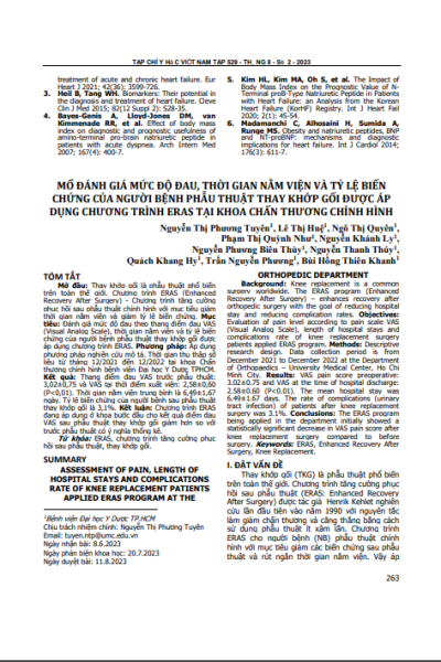 Mổ đánh giá mức độ đau, thời gian nằm viện và tỷ lệ biến chứng của người bệnh phẫu thuật thay khớp gối được áp dụng chương trình ERAS tại Khoa Chấn thương Chỉnh hình