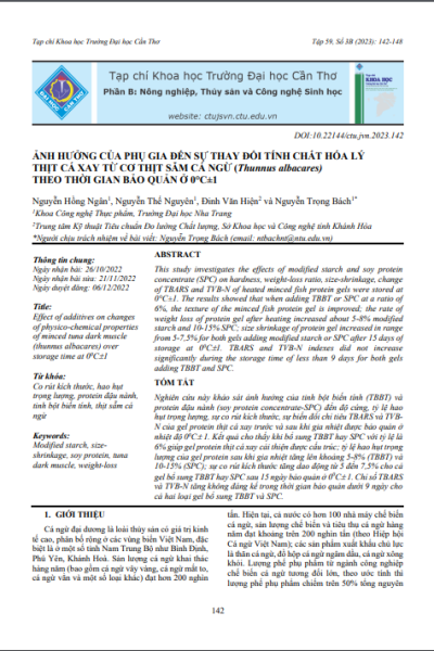 Ảnh hưởng của phụ gia đến sự thay đổi tính chất hóa lý thịt cá xay từ cơ thịt sẫm cá ngừ (Thunnus albacares) theo thời gian bảo quản ở 00C±1